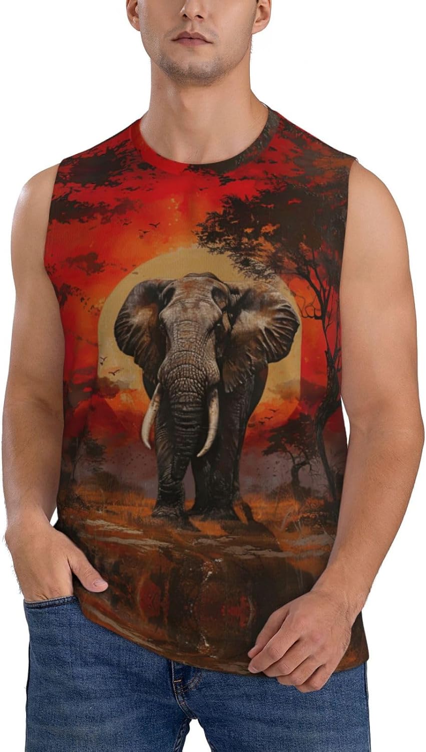 Men's Elephant Sunset Graphic Athletic Mesh Tank Top 1 Men's Elephant Sunset Graphic Athletic Mesh Tank Top