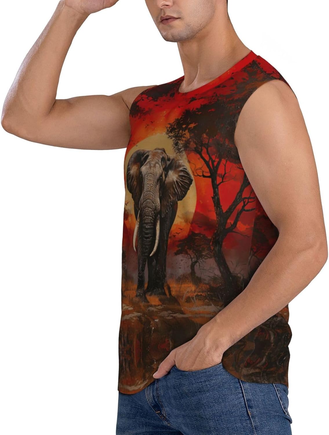 Men's Elephant Sunset Graphic Athletic Mesh Tank Top 2 Men's Elephant Sunset Graphic Athletic Mesh Tank Top - Image 2