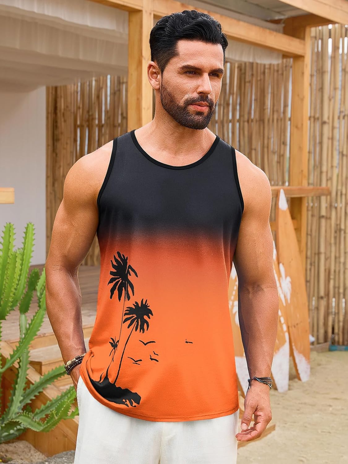 Men's Gradient Palm Tree Hawaiian Summer Muscle Tank 2 Men's Gradient Palm Tree Hawaiian Summer Muscle Tank - Image 2
