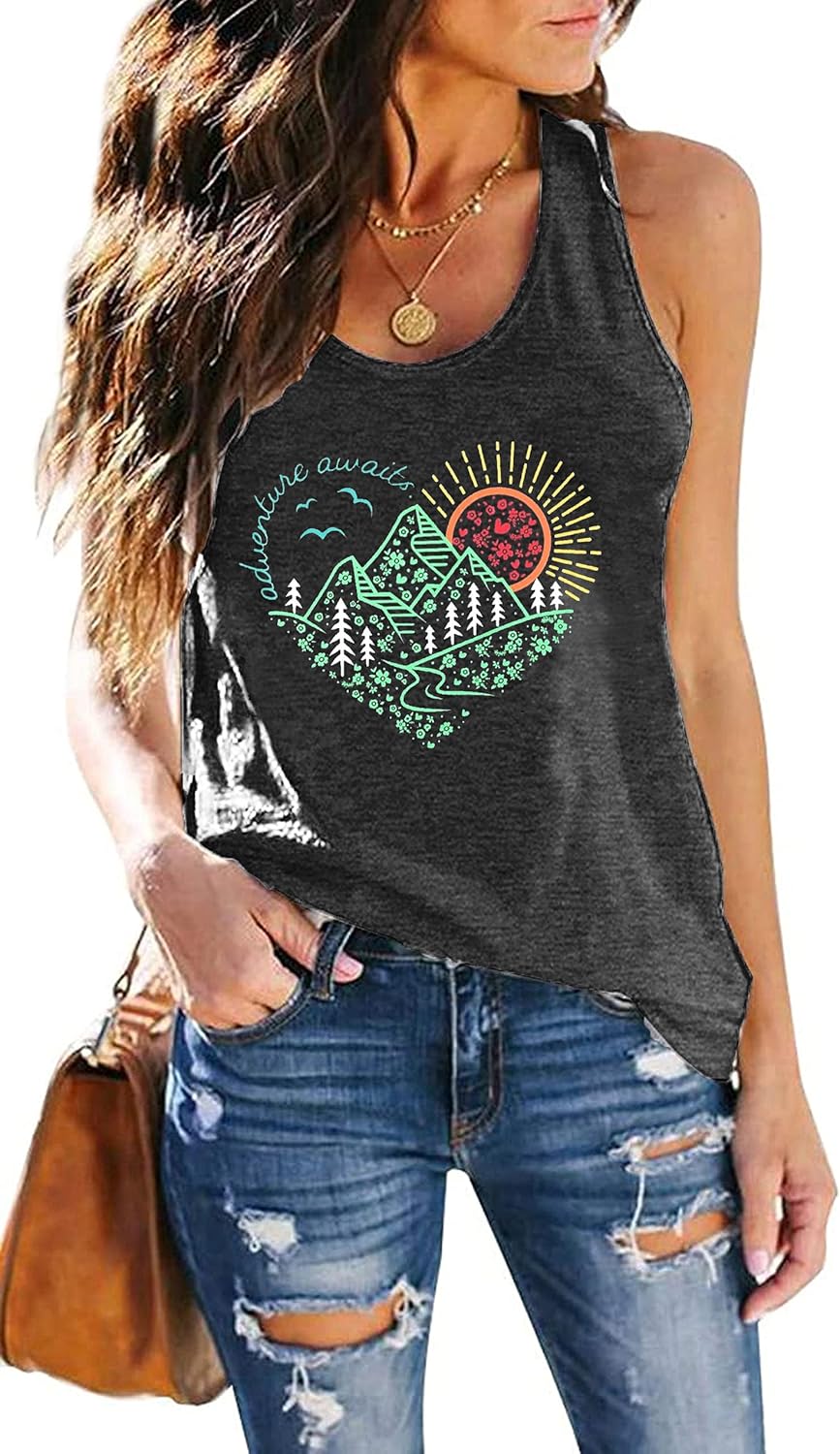 Women's Adventure Awaits Mountain Nature Racerback Tank Top 1 Women's Adventure Awaits Mountain Nature Racerback Tank Top