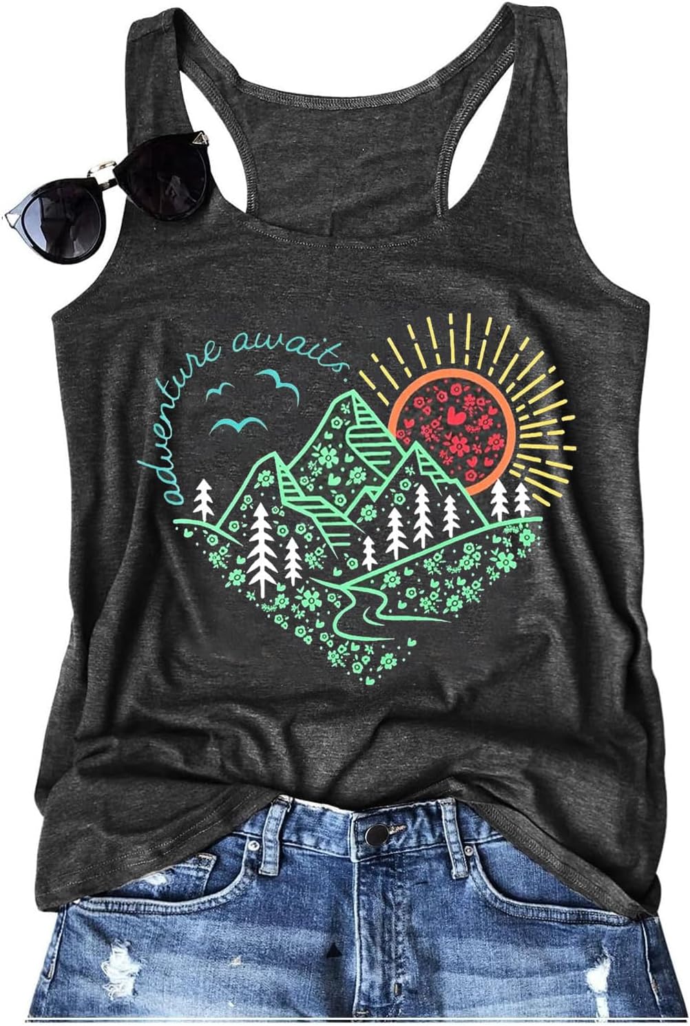Women's Adventure Awaits Mountain Nature Racerback Tank Top 2 Women's Adventure Awaits Mountain Nature Racerback Tank Top - Image 2