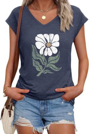 Women's Boho Wildflowers Cottagecore V-Neck Graphic T-Shirt