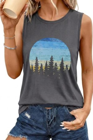 Women's Casual Crewneck Loose Graphic Summer Tank Top