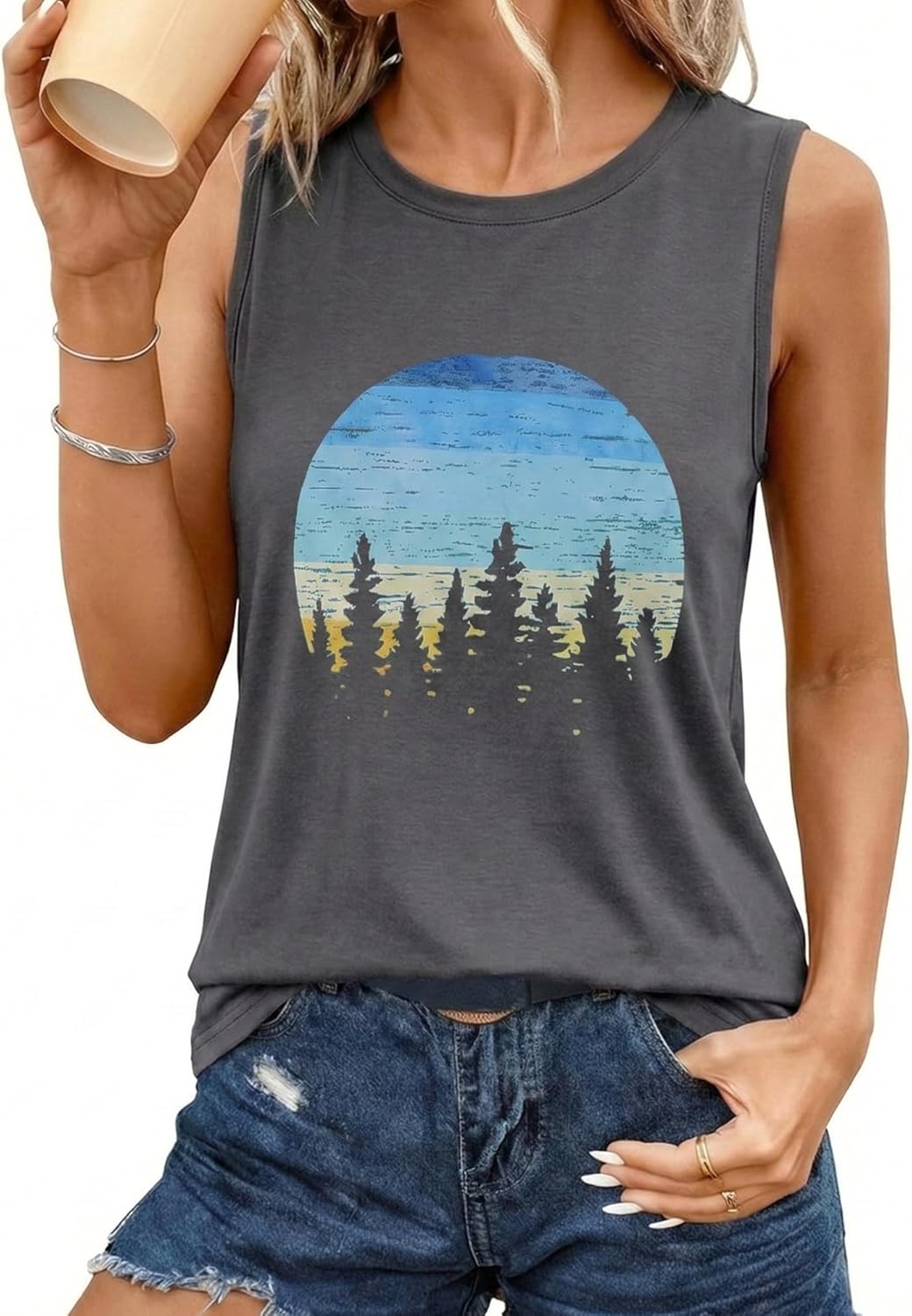 Women's Casual Crewneck Loose Graphic Summer Tank Top 1 Women's Casual Crewneck Loose Graphic Summer Tank Top