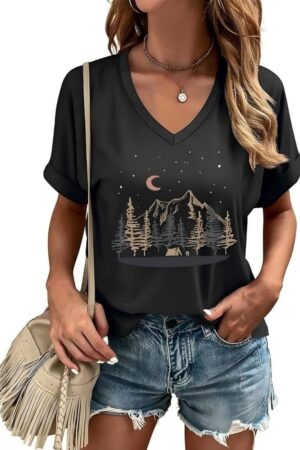 Women's Night Sky Hiking Mountain Graphic T-Shirt