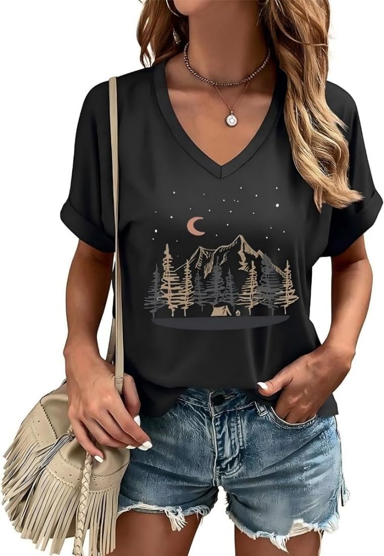 Women's Night Sky Hiking Mountain Graphic T-Shirt 1 Women's Night Sky Hiking Mountain Graphic T-Shirt