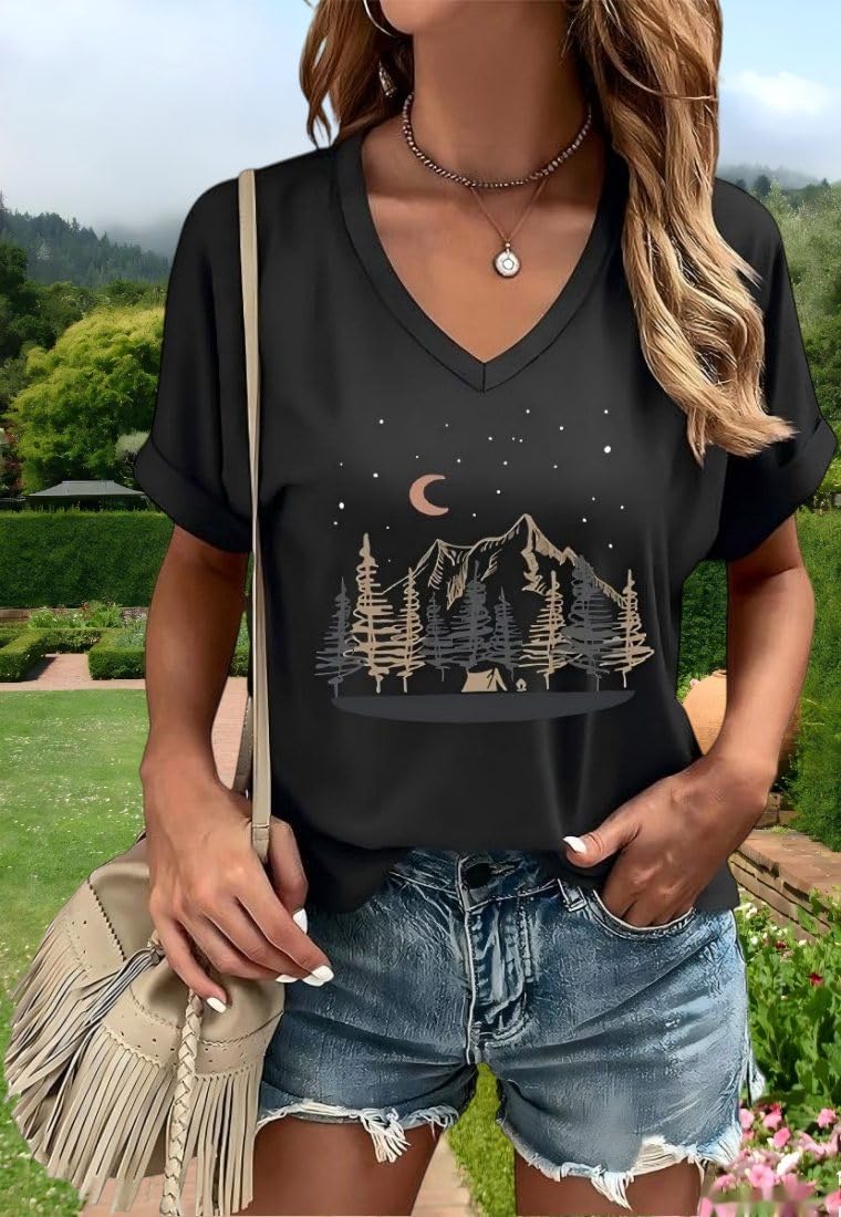 Women's Night Sky Hiking Mountain Graphic T-Shirt 2 Women's Night Sky Hiking Mountain Graphic T-Shirt - Image 2